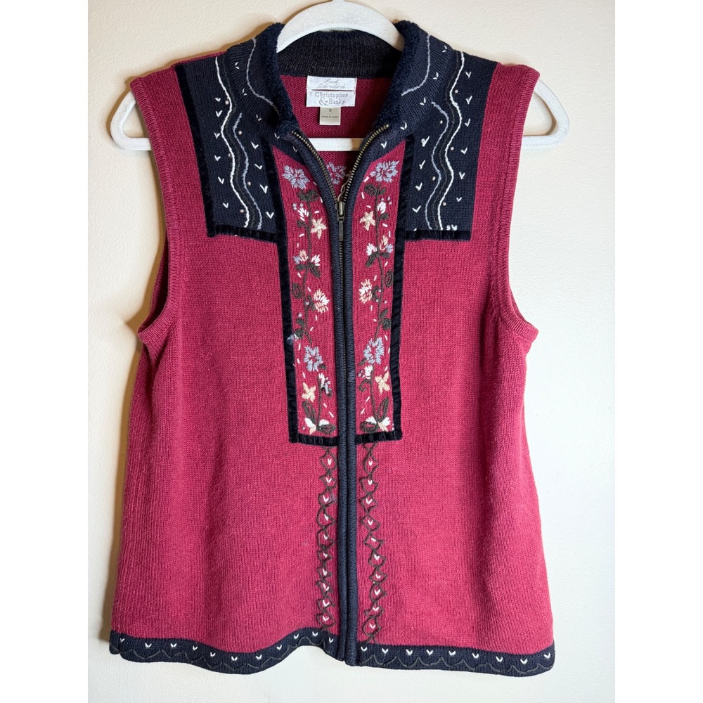 Christopher & Banks Womens S Vintage 2006 Embroidered Zip Vest Nordic Folk